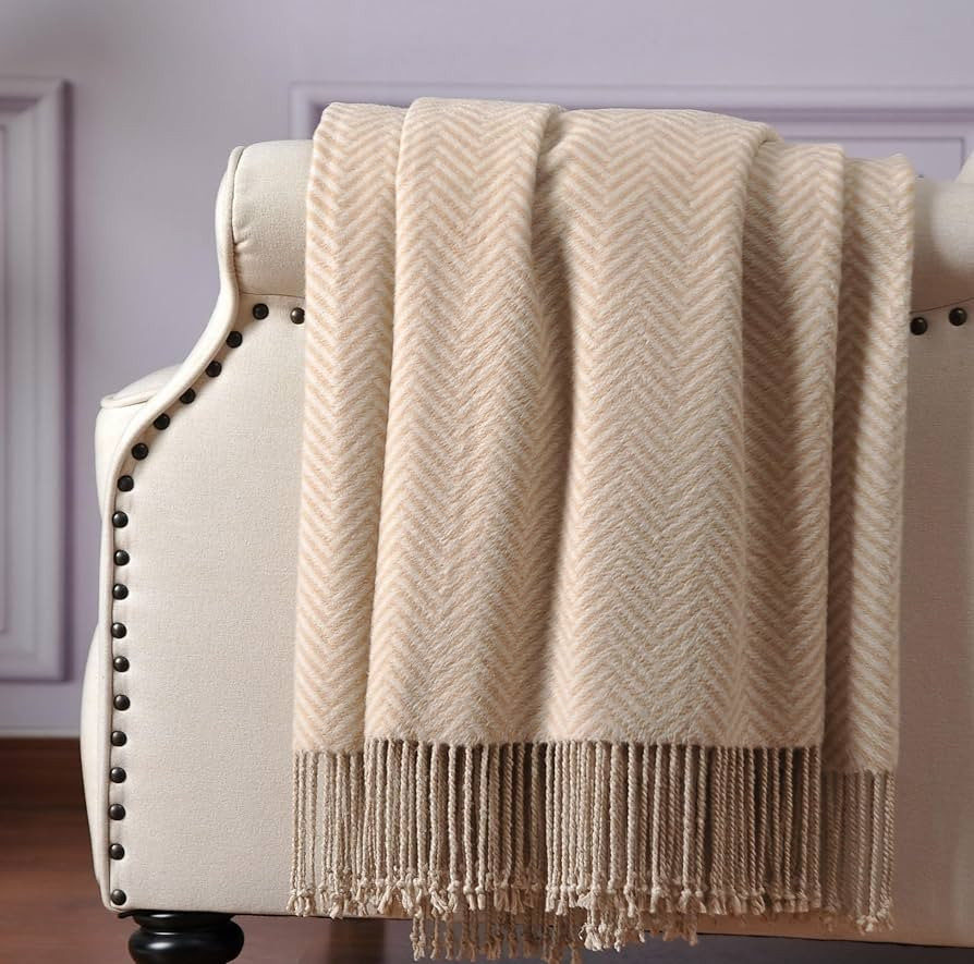 CUDDLE DREAMS Silk Throw Blanket with Hand-Knotted Fringe, Natural, Soft & Breathable (Herringbon... | Amazon (US)