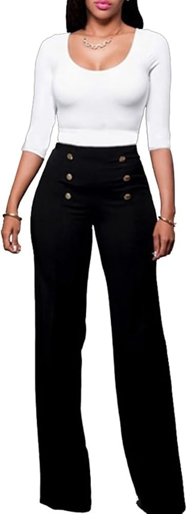 Women's Stretchy High Waisted Wide Leg Button-Down Pants Sailor Bell Flare Pants | Amazon (US)