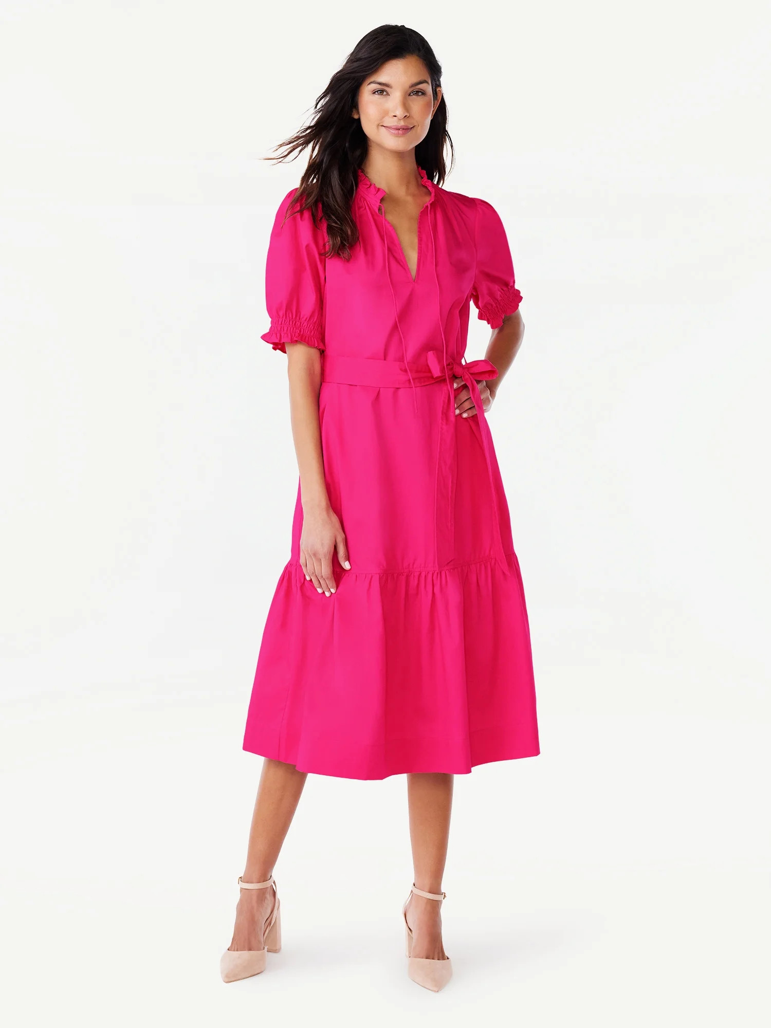 Free Assembly Women's Ruffle Neck Belted Midi Dress with Short Sleeves, Size XS-XXL | Walmart (US)
