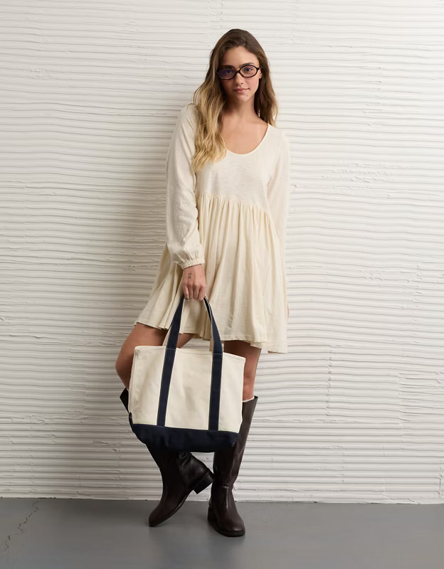 AE Sunchaser Knit Long-Sleeve Scoop Neck Mini Dress | American Eagle Outfitters (US & CA)