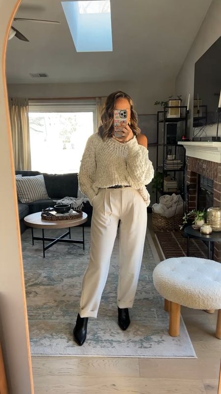 Such a cute neutral outfit for spring! In XS sweater and 25 trousers 

Free People, Abercrombie, spring outfit, trousers for work, business casual 

#LTKfindsunder50 #LTKsalealert #LTKfindsunder100
