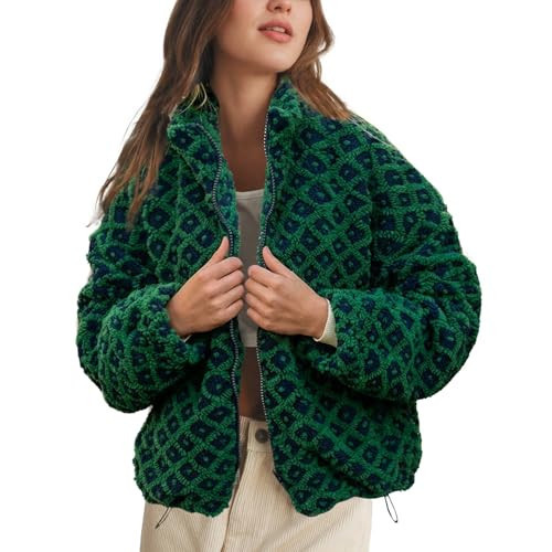 Keeliya Womens Checkered Sherpa Jacket Cropped Long Sleeve Plaid Fleece Coats Casual Zip Up Gingham Outwear with Pockets(Navy-Green,M) | Amazon (US)