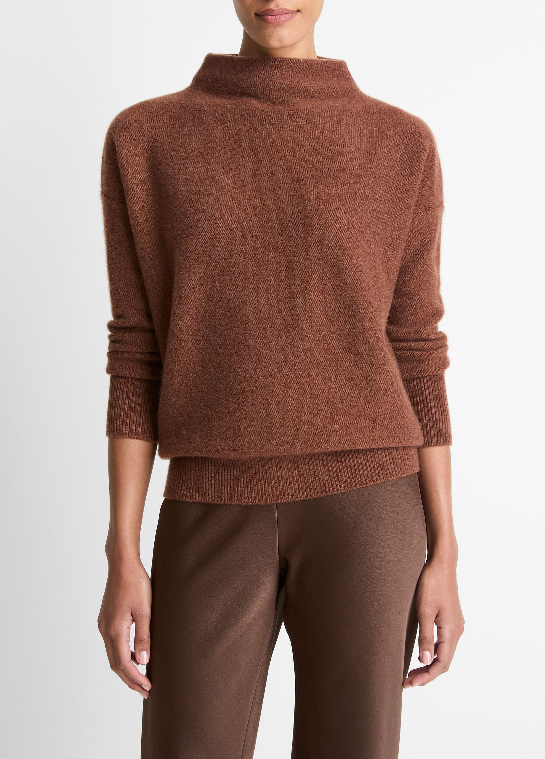 Women's Plush Cashmere Funnel-Neck Sweater, Cacao, Size S Vince | Vince LLC