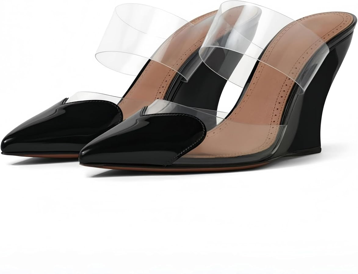 Clear Love Heart Women's Wedge Sandals Slip On Pointed Toe High Heels Minimalist Transparent Stra... | Amazon (US)