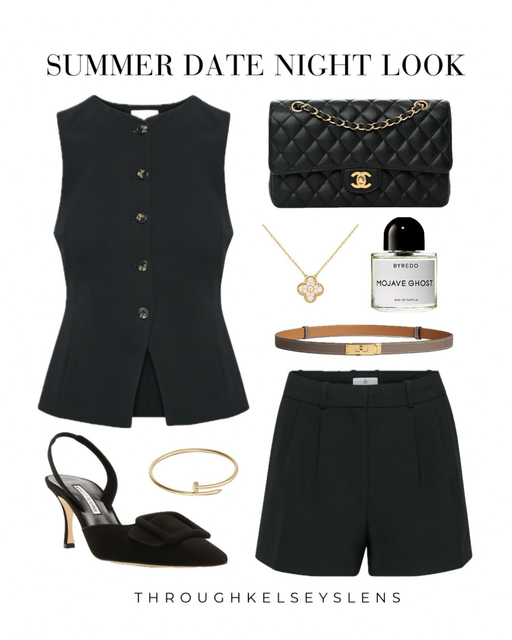Summer date night outfit
- black vest
- black trouser shorts
- Chanel classic flap
- Manolo Blahnik Maysli heels
- Hermes Kelly belt
- Van Cleef vintage Alhambra pendant 
- Cartier juste un clou bracelet
- Byredo Mojave Ghost
#aritzia #hermes #chanel #manolo #cartier #vancleef #outfit #dateoutfit #summeroutfig

#LTKWorkwear #LTKShoeCrush #LTKStyleTip