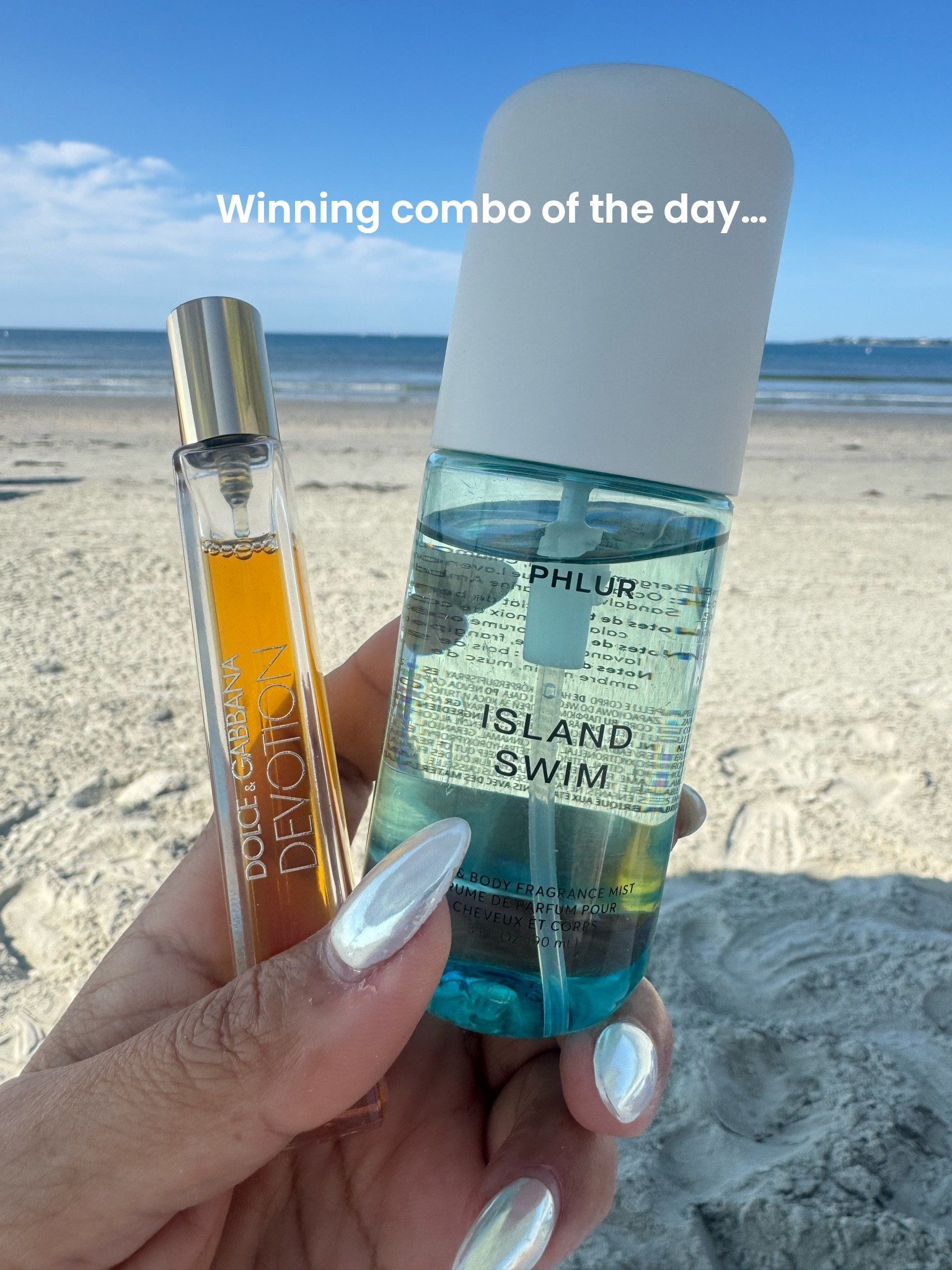 Beach must haves! D&G Devotion layered with Phlur’s Island Swim, match made in the sea!!! 🤩☀️💦