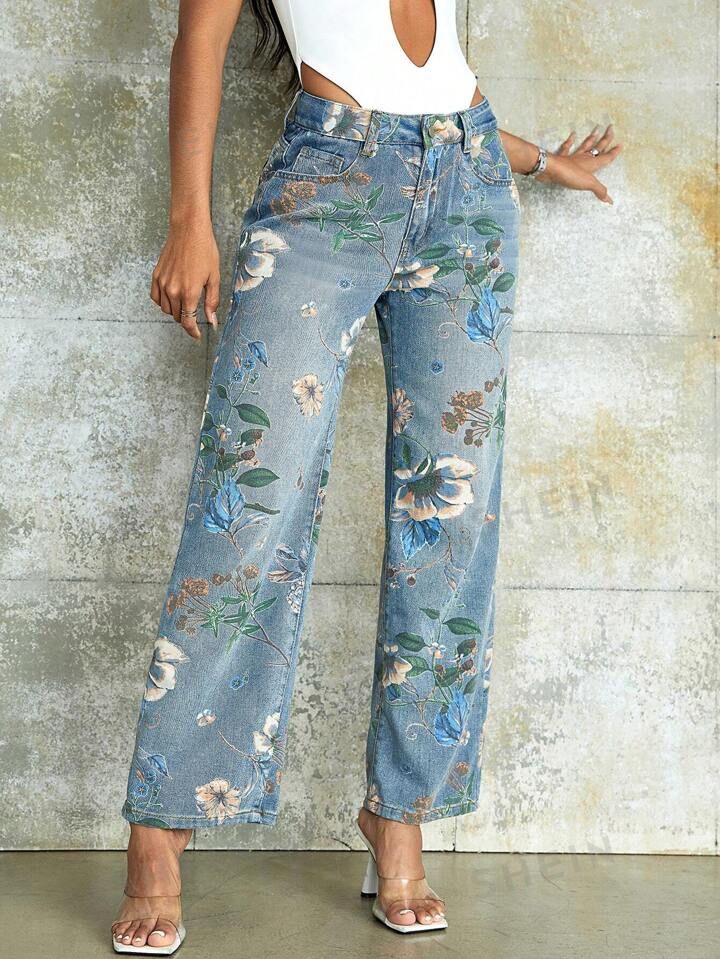 90s Vintage Floral Print High Waist Wide Leg Jeans | SHEIN