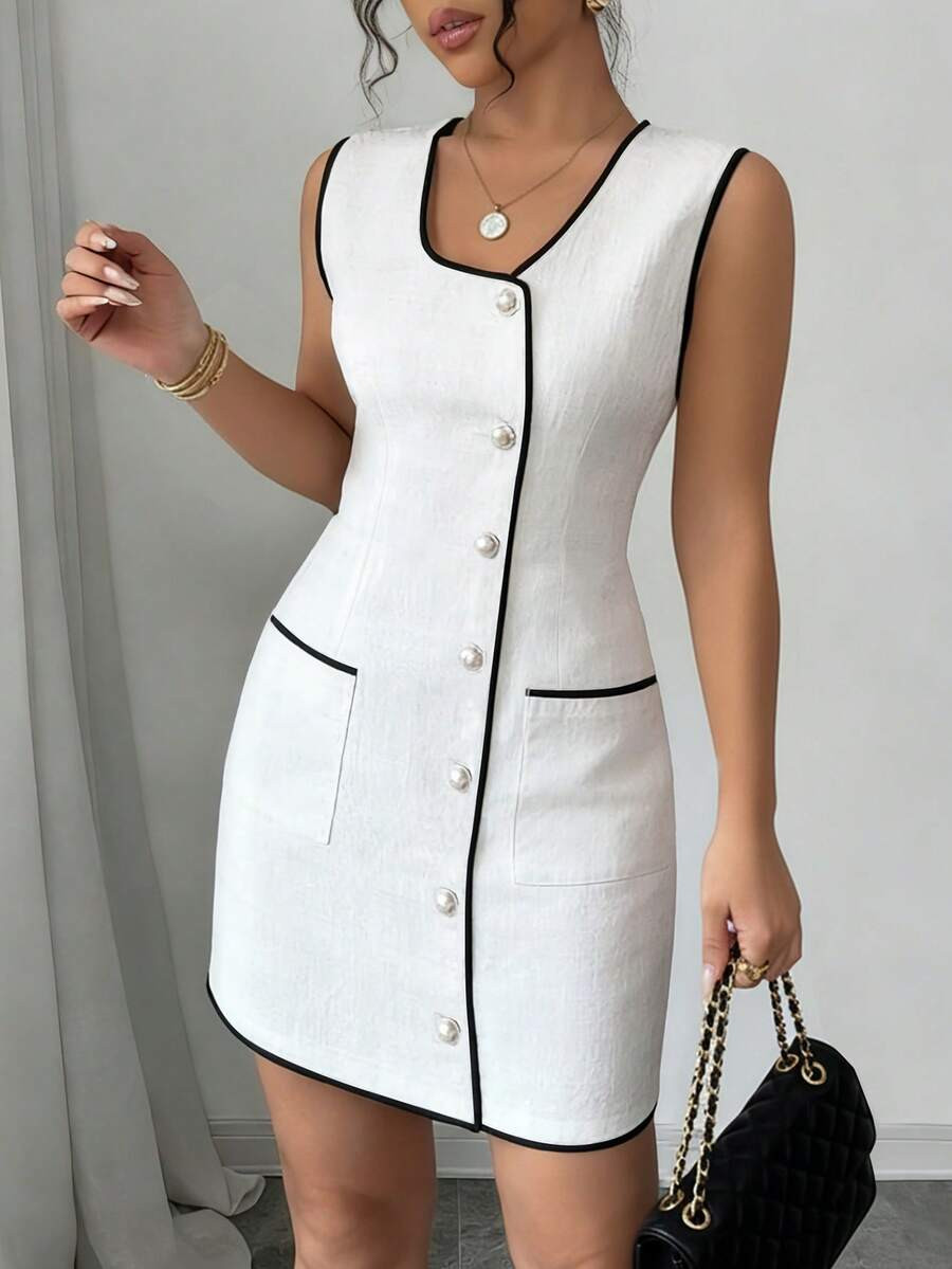 Rafferiza Women's Elegant Commuter Contrast Trim Front Button Sleeveless Mini Dress | SHEIN
