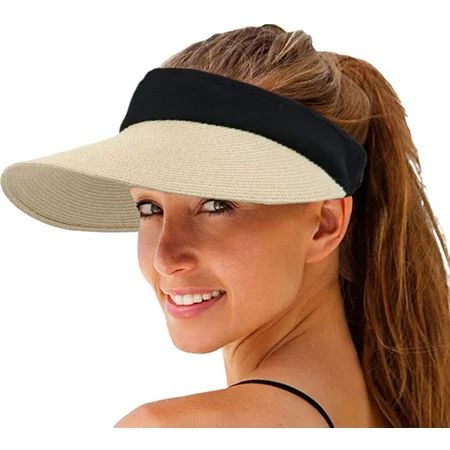 Women Straw Sun Visor Hat Wide Brim Summer UV Protection Beach Cap Foldable Packale-Beige | Walmart (US)