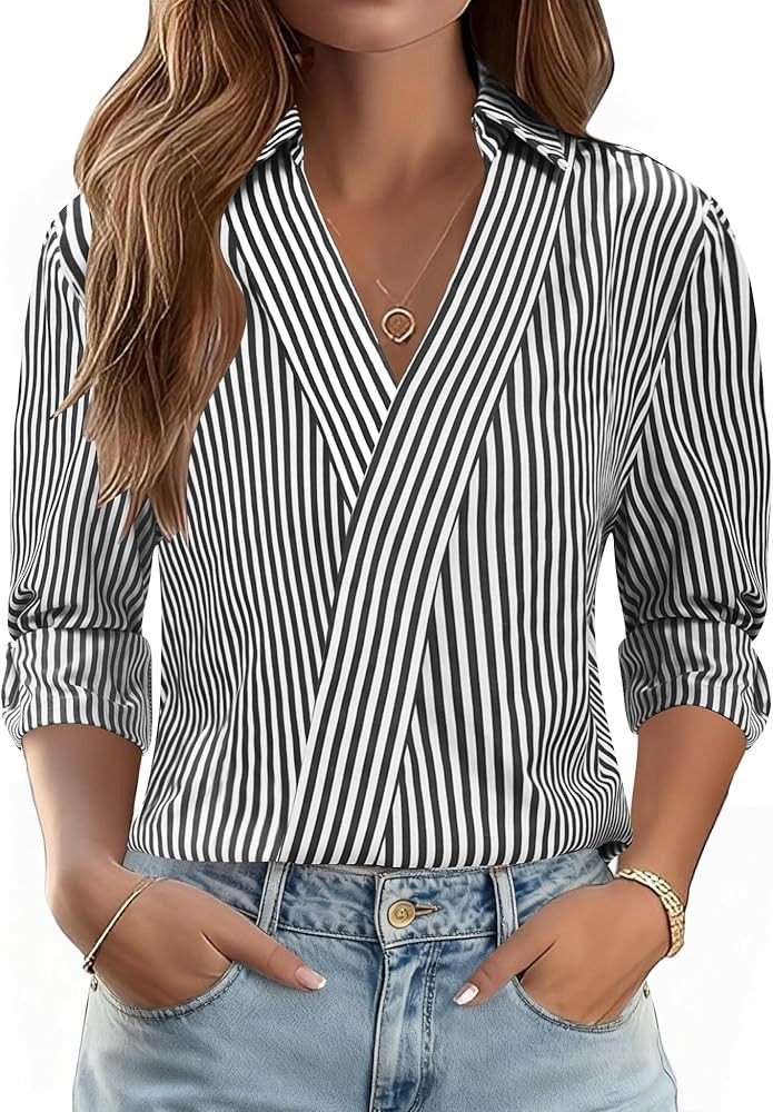 LOMON 3/4 Length Sleeve Womens Tops Dressy V Neck Collared Shirts Trendy Business Casual Work Blo... | Amazon (US)