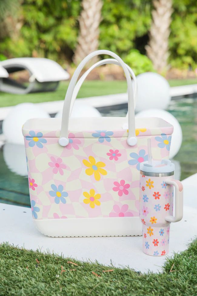 Summer Checkered Daisy Rubber Beach Tote Bag | Pink Lily