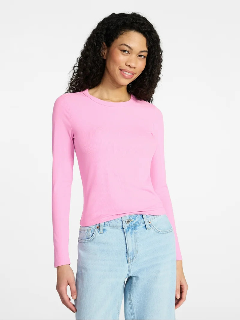 No Boundaries Crew Ribbed Tee with Long Sleeves, Women's XXS-XXL | Walmart (US)
