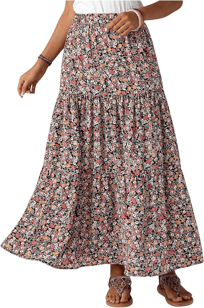 WDIRARA Women's Floral Print High Waist Loose Midi Skirt Tiered Layer Ruffle Hem A Line Skirts | Amazon (US)