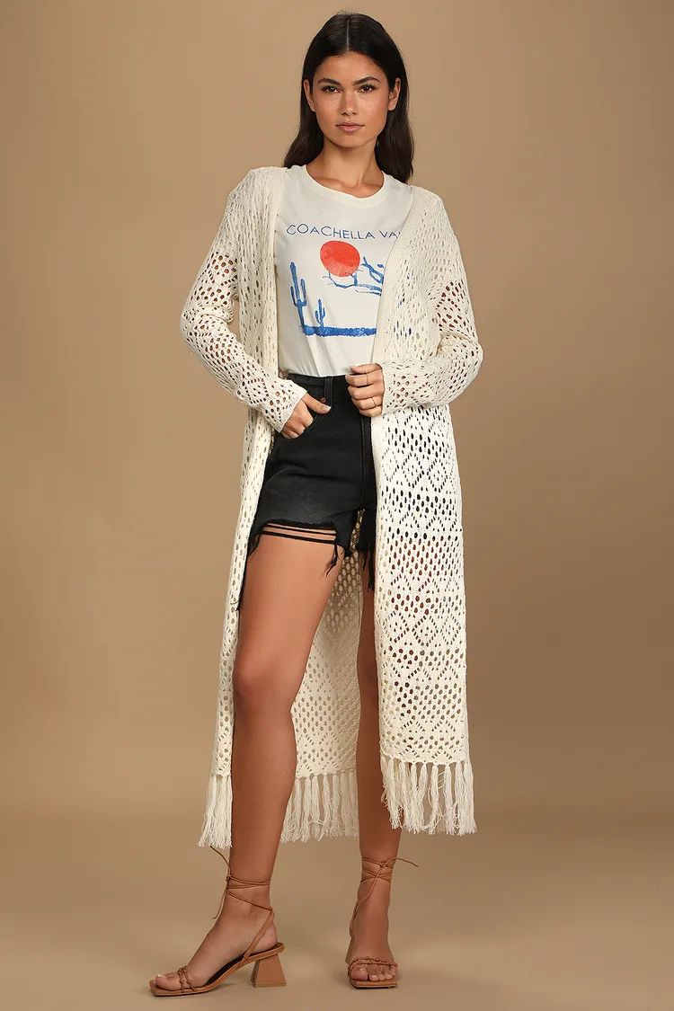 Breeze and Thanks Ivory Loose Knit Fringe Cardigan Sweater | Lulus (US)