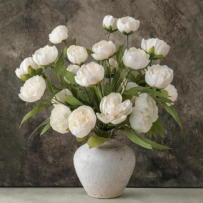 6 Pcs Ivory Faux Silk Peony Artificial Flowers, 27" Long Stem Peonies Bulk, White Fake Flower Bra... | Amazon (US)