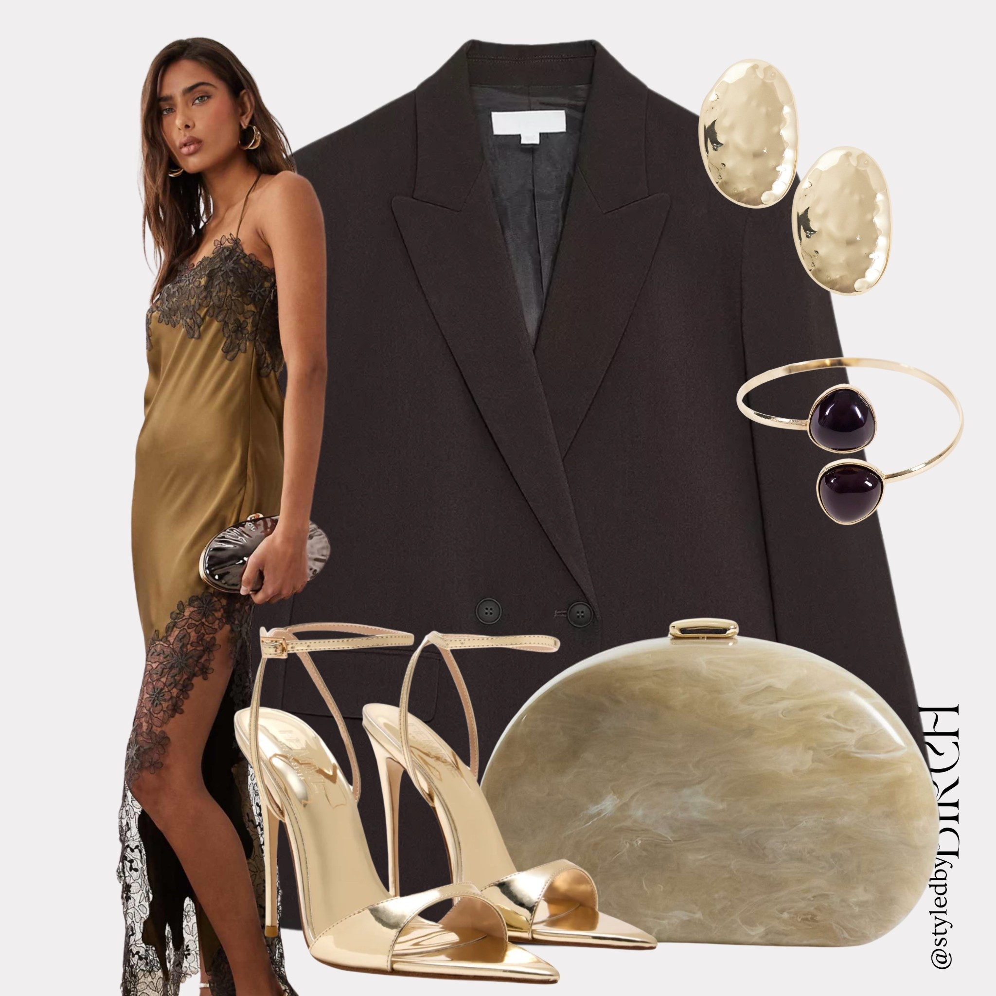 Kicking this weekend off with this stunning wedding guest look 🥂

That slip dress with the brown lace detail is absolutely gorgeous.

#ootd #outfitinspo #weddingguest #golddress #chicstyle

Tags 🏷️
slip cami dress with brown lace detail, brown oversized blazer, champagne strappy pointed heels, cream clutch, gold statement earrings