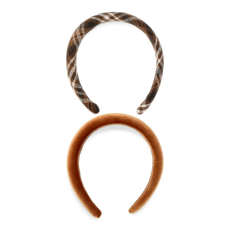 No Boundaries Women's Juniors Plaid and Velvet Headband 2-Pack, Tan | Walmart (US)
