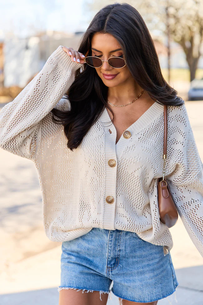 Botanic Bliss Beige Crochet Cardigan | Pink Lily