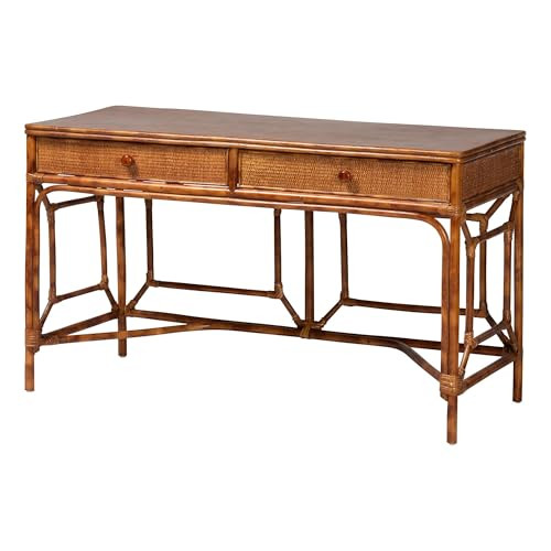 Amazon.com: Bali & pari Basile Marbled Tortoise Natural Rattan Desk - 2-Drawer Writing Desk with ... | Amazon (US)