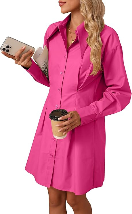 Womens Button Down Shirt Dresses Cotton Button Up Tunics Long Sleeve Solid High Low Blouse Waist ... | Amazon (US)