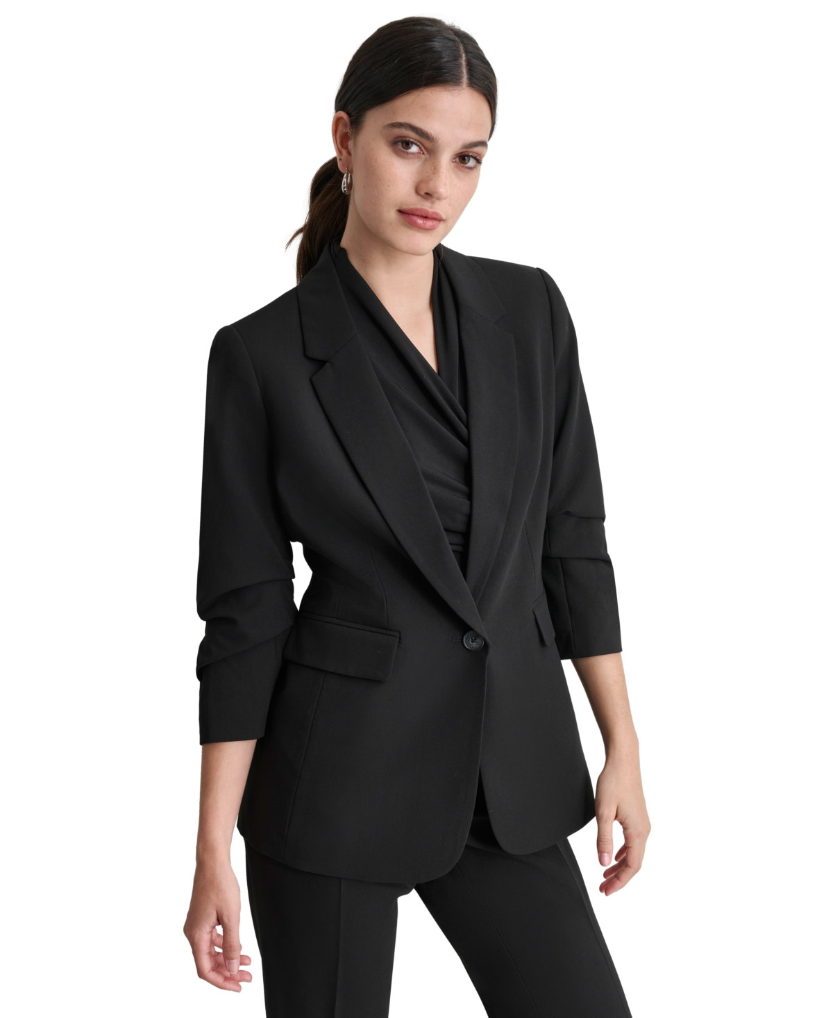 Dkny Women's Ruched-Sleeve One-Button Blazer - Black | Macy's