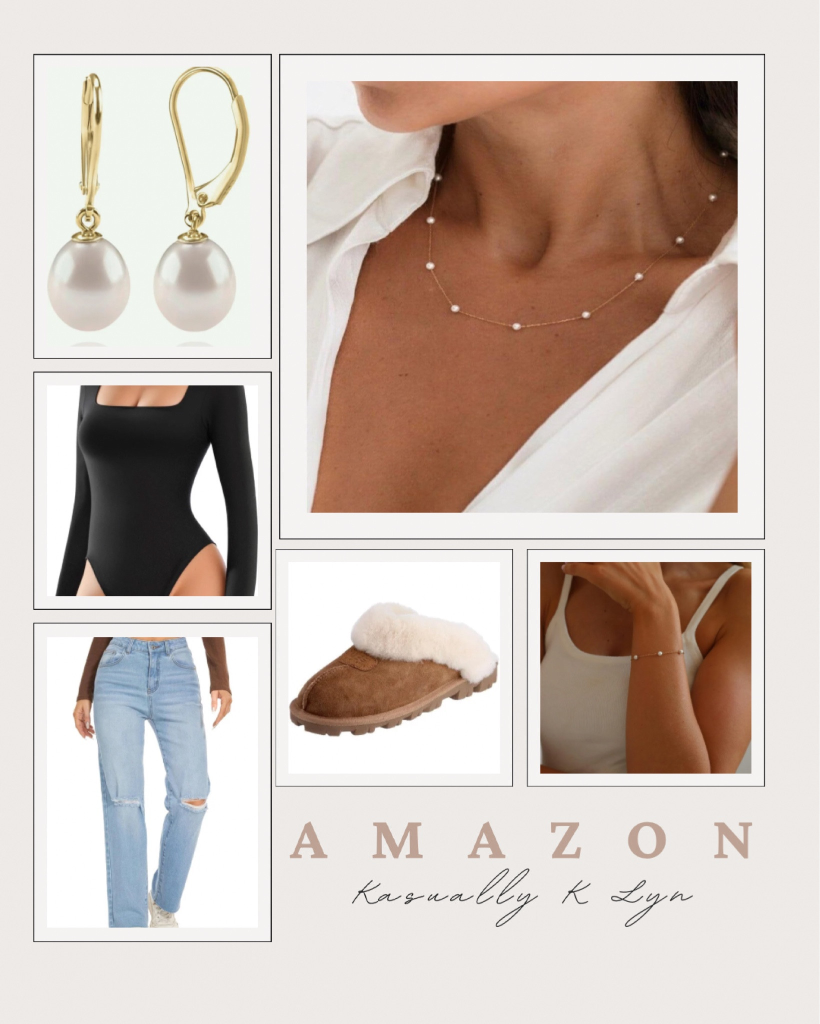 Trendy Winter Holiday Outfit! square neck long sleeve bodysuit (black/white), 18k gold pearl beaded chain bracelet (stainless steel dainty cross bracelet), 14k gold plated pearl choker dainty gold necklace, pearl teardrop dangle stud earrings, ugg woman’s coquette slipper, straight ankle casual loose high waist jeans 

#LTKU #LTKstyletip #LTKHoliday