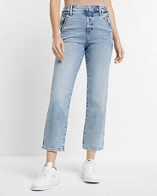 High Waisted Light Wash Side Button Straight Ankle Jeans | Express