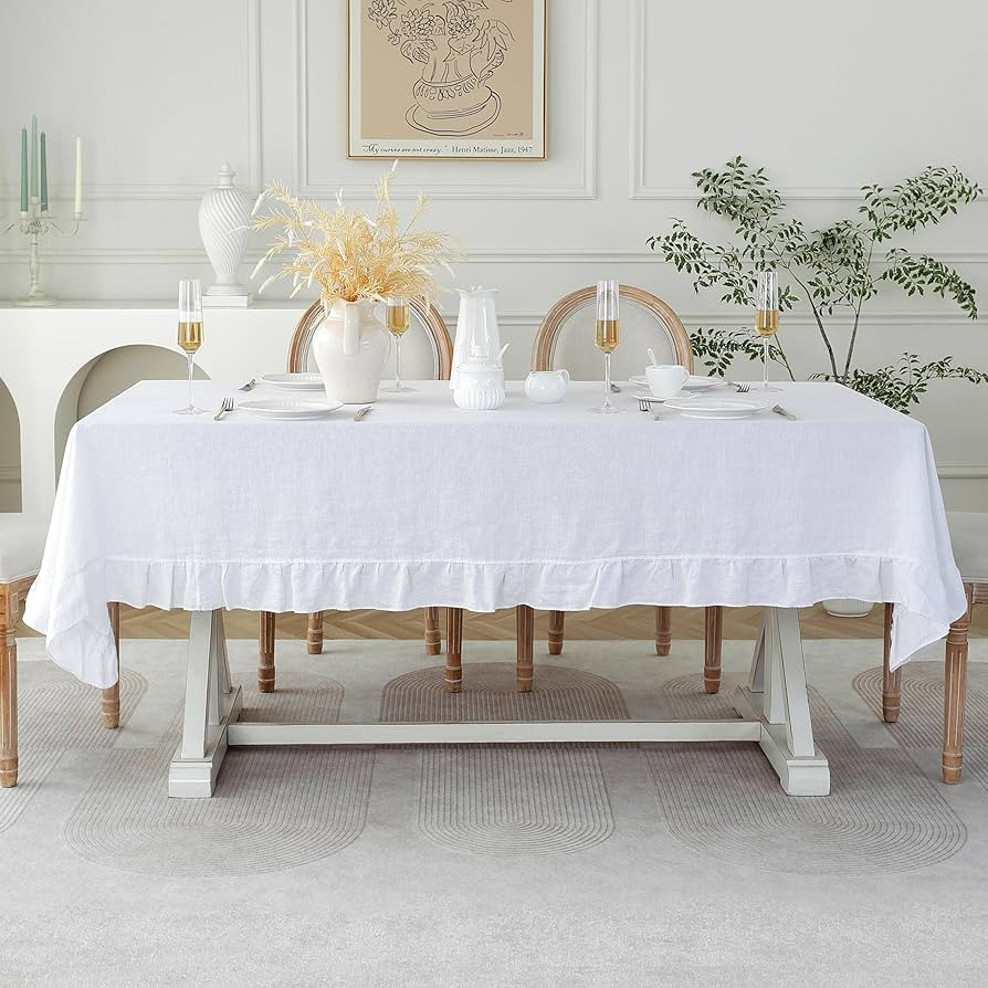 Ruffle Linen Tablecloth, 100% French Linen White Tablecloth 108" x 60" Inch, Washable Rectangular... | Amazon (US)