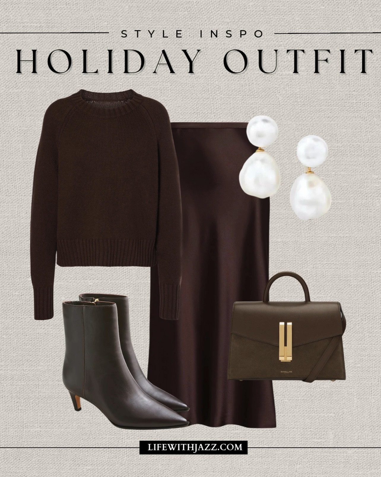 Style inspo: holiday outfit 

Chocolate brown look / holiday outfit  / Christmas / oversized sweater / brown satin skirt / heeled boots / purse / pearl earrings 

#LTKStyleTip #LTKHoliday