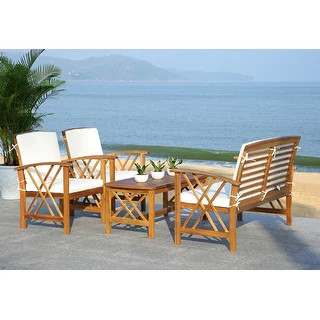 SAFAVIEH Outdoor Fontana 4-piece Acacia Wood Patio Conversation Set - Natural/Beige | Bed Bath & Beyond