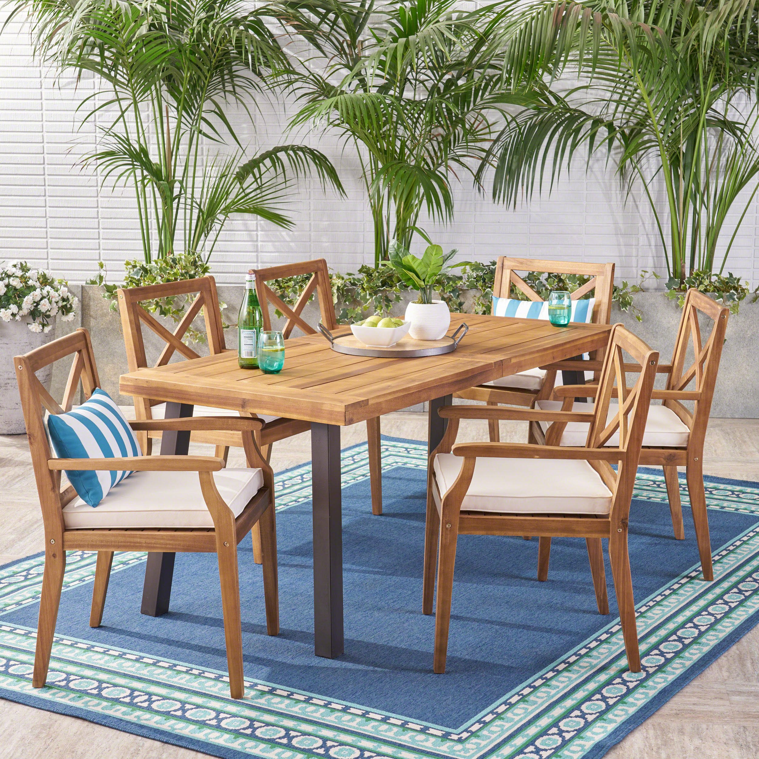 Christopher Knight Home Justin Outdoor 7 Piece Acacia Wood Dining Set, Teak Finish/Rustic Metal/C... | Amazon (US)
