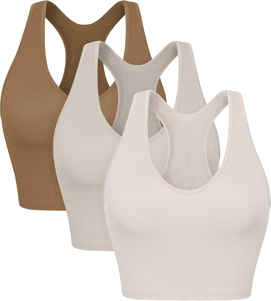 ODODOS 3-Pack Seamless Racerback Crop Tank for Women Ribbed Knit Soft Crop Tops | Amazon (US)