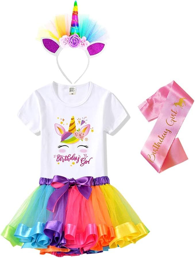 Birthday Girls Costume – Headband, Shirt, Tutu Skirt Dress, Satin Sash - Unicorn Gifts for Girl... | Amazon (US)