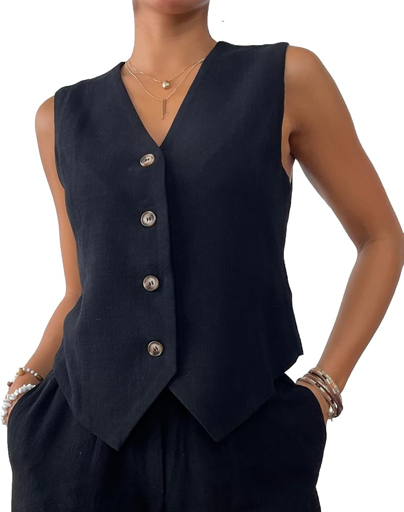 heipeiwa Women's Cotton Linen Vest Button Down Sleeveless V Neck Tank Tops Waistcoat Jacket | Amazon (US)