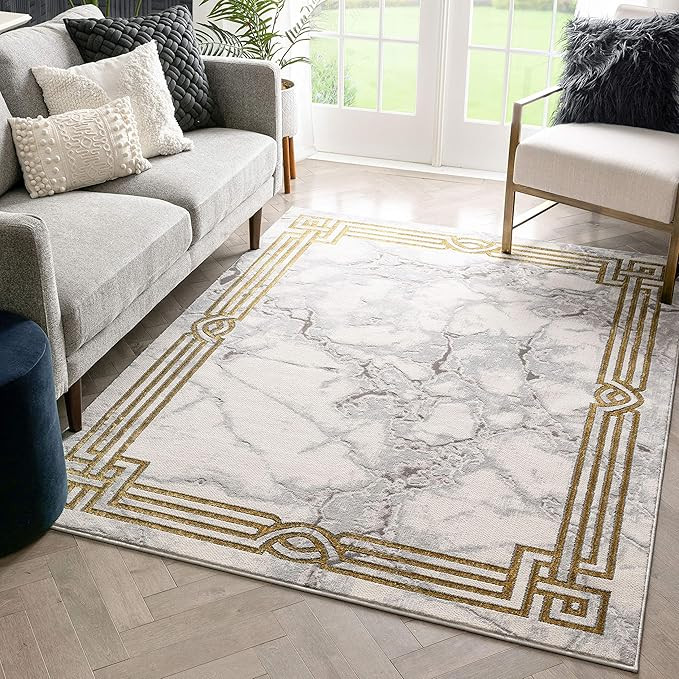 Well Woven Lezlee Ivory & Gold Retro Border Marble Pattern Rug 8x10 (7'10" x 9'10") | Amazon (US)