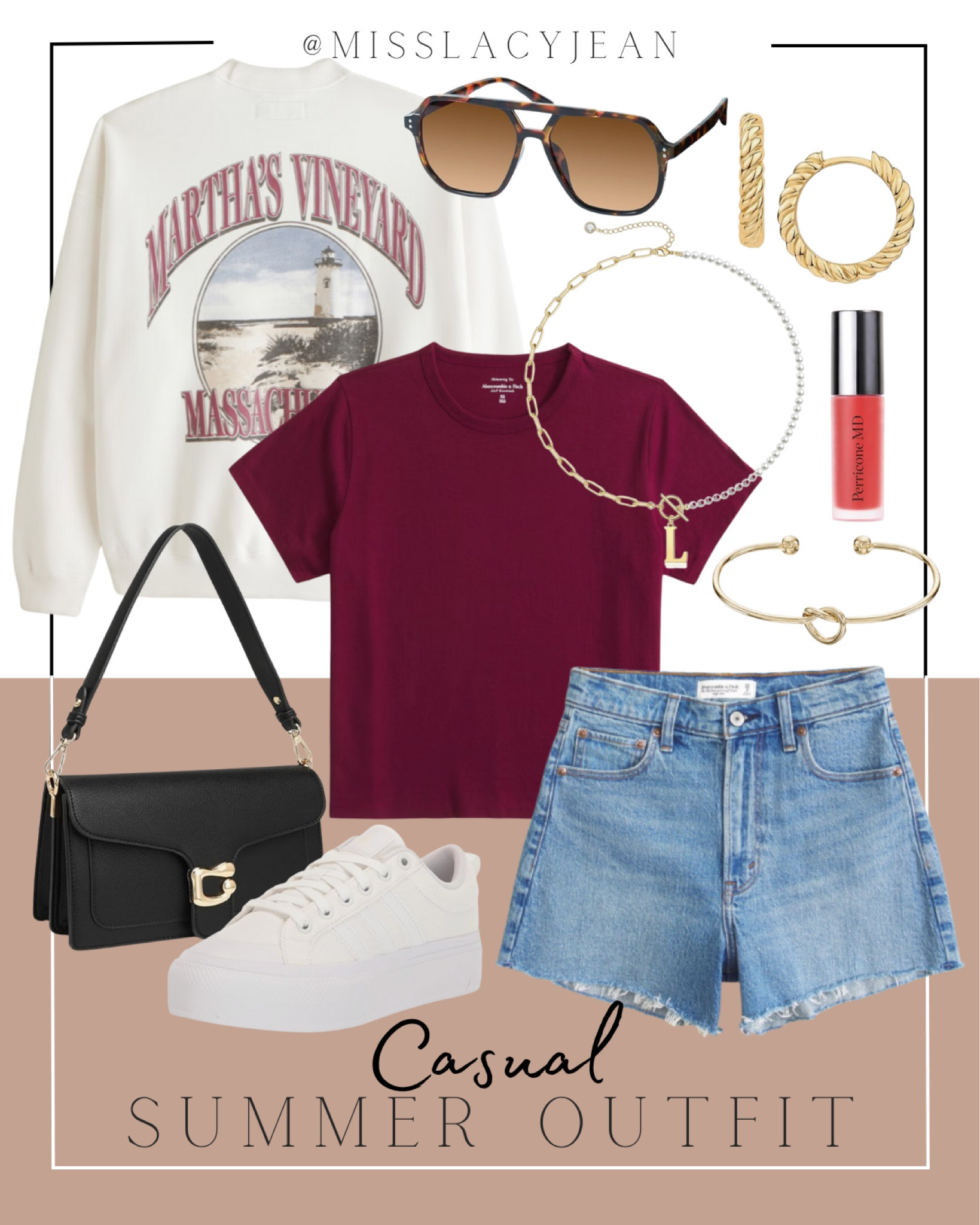 Casual outfit find include tee, crew neck, shorts, crossbody bag, sneakers, gold necklace, gold bracelet, lip oil, earrings, and sunglasses.

Casual outfit, looks for less, summer casual, fall casual outfit

#LTKFindsUnder50 #LTKHome #LTKStyleTip