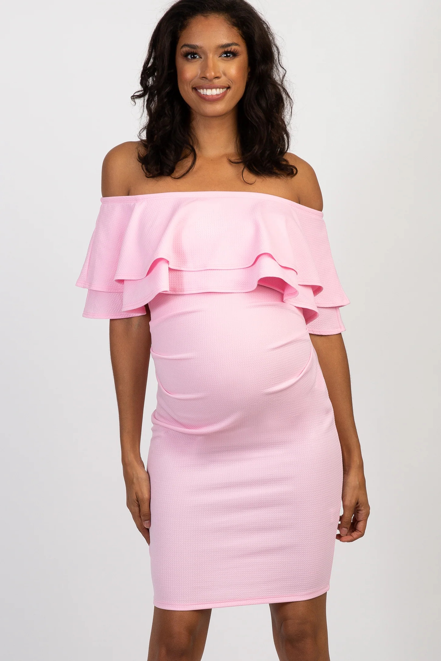 Pink Off Shoulder Fitted Maternity Dress | PinkBlush Maternity