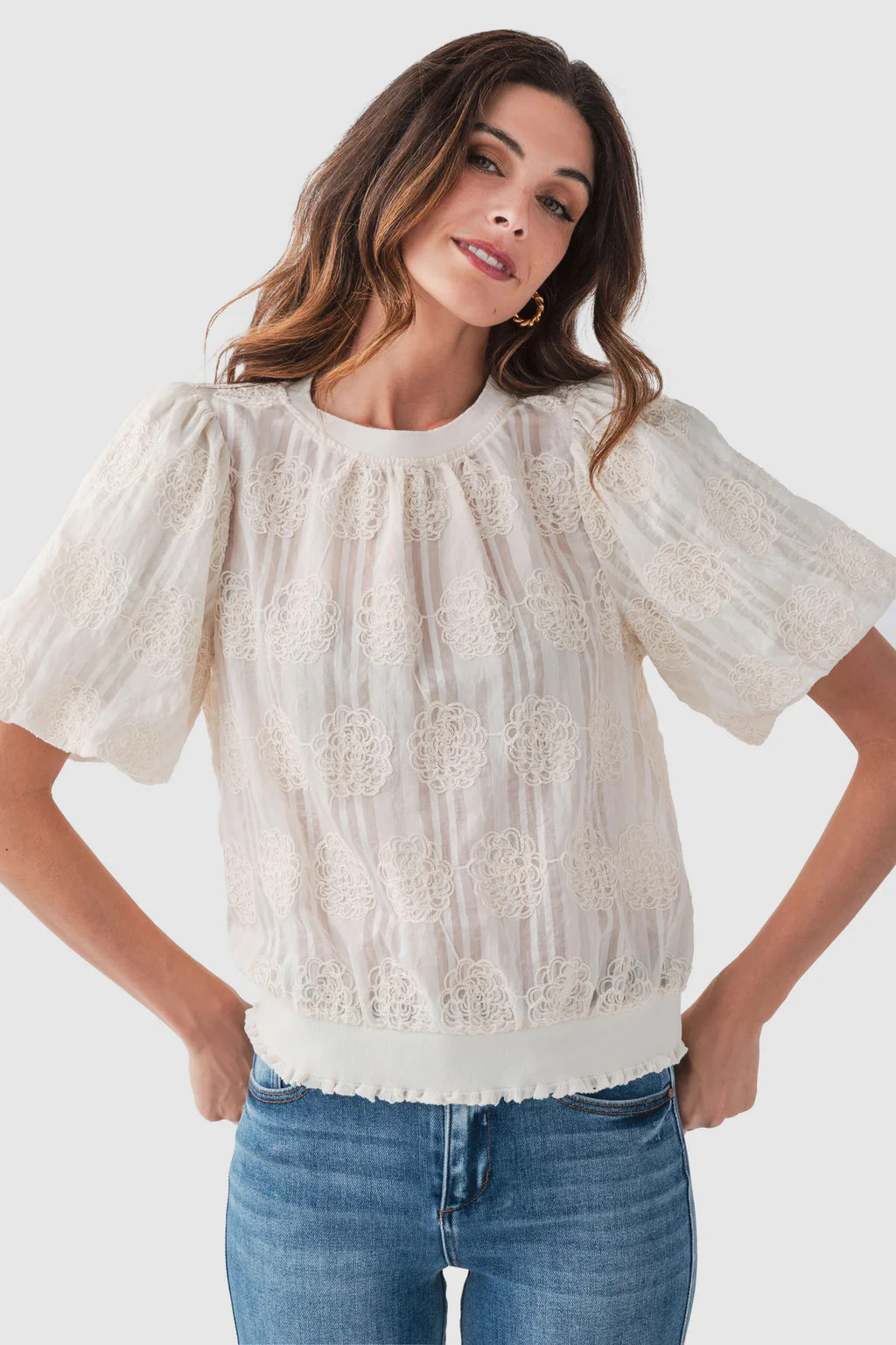 Voy Elastic Hem Floral Embroidered Top | Social Threads