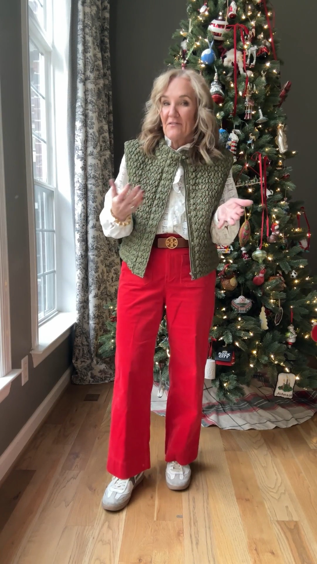 I love this vest. Makes a fun casual holiday outfit. I am wearing size large. If buying at shop Avara , you can use my 15% off code NANETTE15

I am also linking at the brand site because they have more availability in sizes 

Talbots red corduroy pants have been a favorite all fall and through holiday. I am wearing a size 10 petite. 

Tory Burch belt size, large, but a medium would have worked too 

My Dolce Vita sneakers have been a favor in this neutral. Yes they’re very comfortable. 

Sezane lace blouse. A splurge but well worth it. Wearing size 10.

Casual holiday outfit, holiday style, green vest, quilted vest, red pants

#LTKOver40 #LTKHoliday #LTKWatchNow