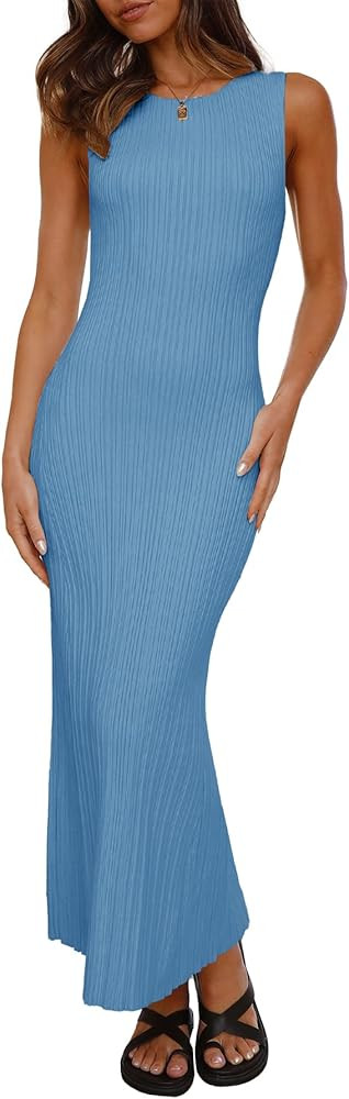 Ferlema Womens 2024 Sweater Dress Sleeveless Crew Neck Slim Fit Ribbed Knit Bodycon Elegant Maxi ... | Amazon (US)