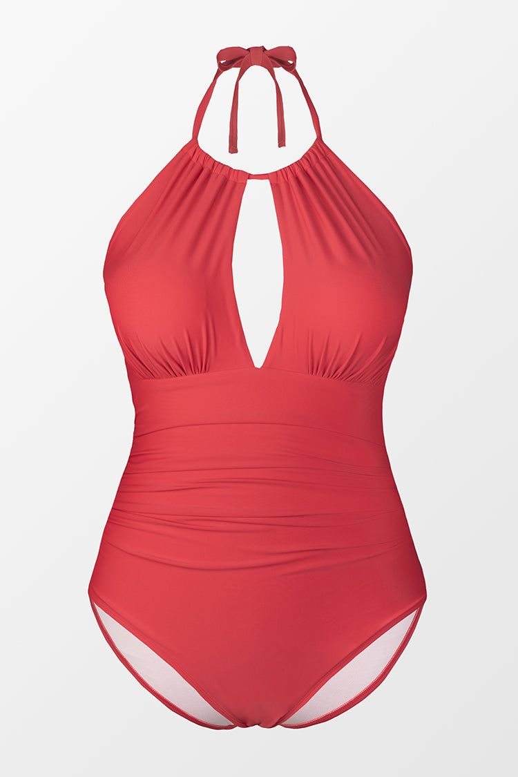 Joyful Retro High Neck Keyhole Tummy Control Red Plus Size One Piece | Cupshe