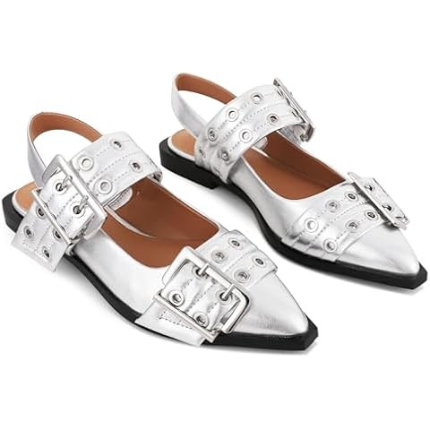 Wide Welt Buckle Ballet Flats for Women Slingback Flats Casual Ballerina Shoes Flat Squared Block... | Amazon (US)