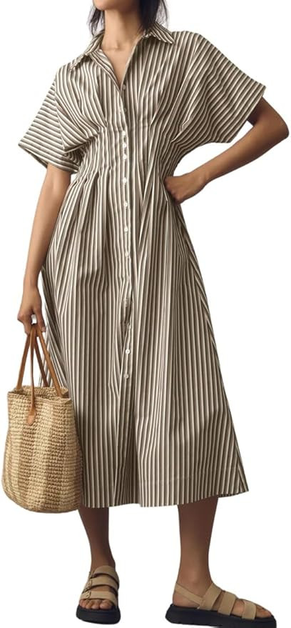 chouyatou Women's Contrast Color Striped Shirt Dress Pleated Button Down Maxi Long Tunic Dress | Amazon (US)