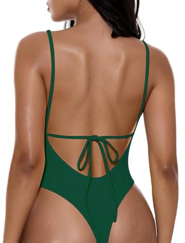 HYTENSUN Women' s One Piece Sexy Swimsuits Tie Back V Neck Bathing Suit Thong Swim Bottom High Cut Swimsuit Green S | Amazon (US)