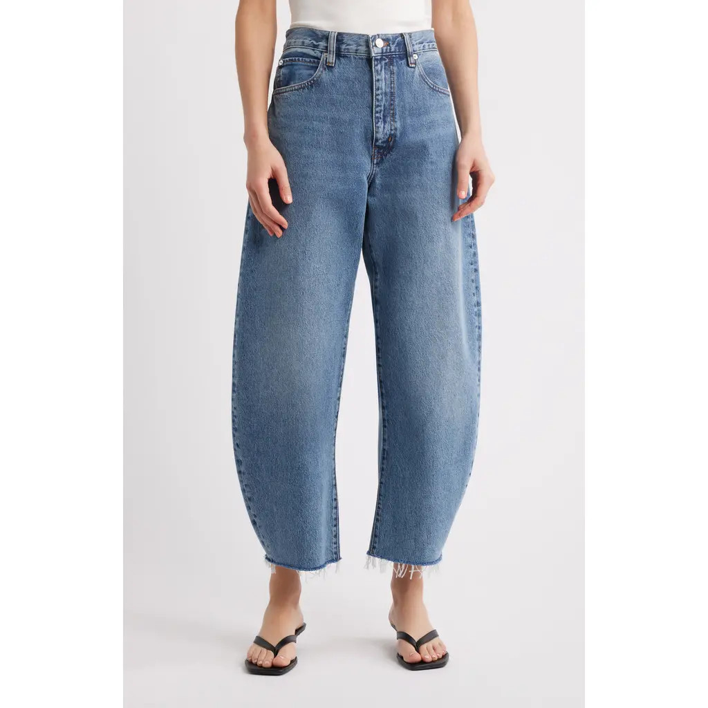 FRAME The Bubble Raw Hem Crop Barrel Leg Jeans in Knock Out Raw Fray at Nordstrom, Size 25 | Nordstrom