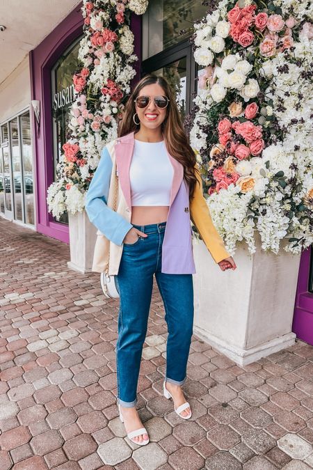 Spring Outfit 🌸 Weekend Outfit for the season with this cute colorblock Blazer and Jeans style. Paired it with a super soft cropped tank. Comes in many colors and wearing size Small. Wearing XS in the blazer and size 2 in the jeans. Shoes are also true to size. 



#LTKSeasonal #LTKsalealert #LTKfindsunder50