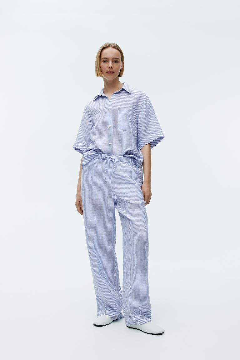Linen Drawstring Trousers - Blue/White - Ladies | H&M GB | H&M (UK, MY, IN, SG, PH, TW, HK)