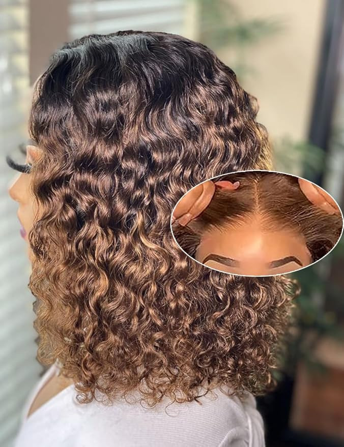 12 Inch Highlight Blonde Wear and Go Glueless Curly Bob Wig Human Hair Pre Plucked,Water Wave No ... | Amazon (US)