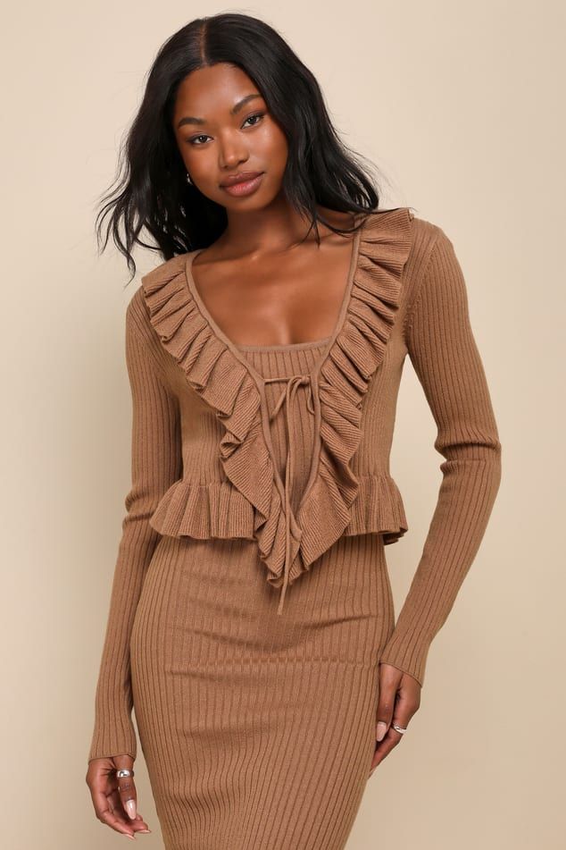 Lovely Duo Brown Ribbed Knit Two-Piece Midi Sweater Dress | Lulus