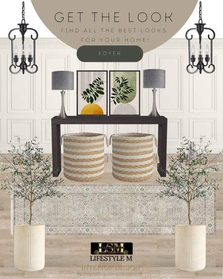 Foyer Design Idea. Recreate the look with these home furniture and decor finds! Black wood console table, foyer runner, white ceramic tree planter pot, faux fake tree, basket storage, table lamp, foyer wall art, foyer pendant lights. 

#LTKhome #LTKFind #LTKstyletip